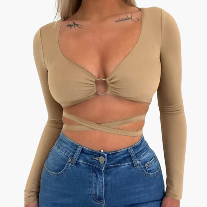Women's Long Sleeve Crop V-Neck Ring Detail