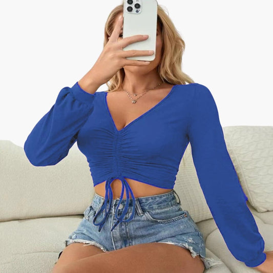 Women's Long Sleeve Crop V-Neck Ruched - Fashinoza