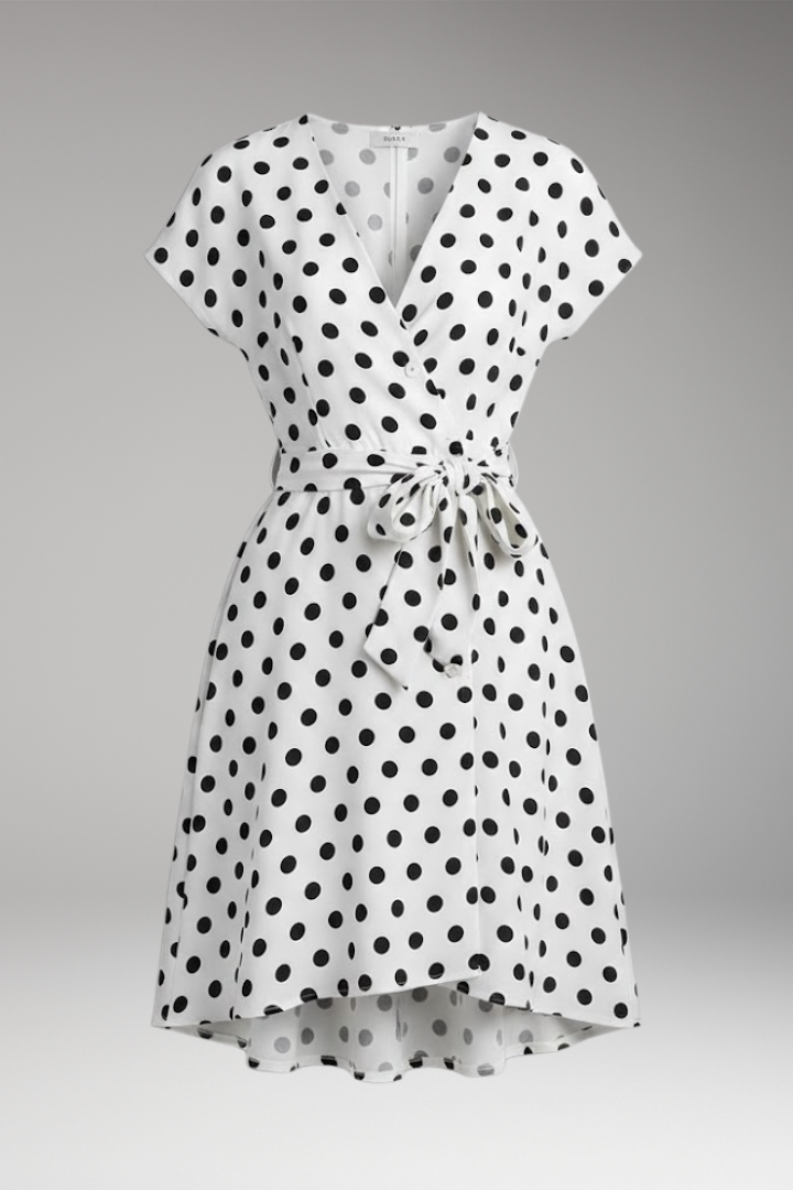 Women's V-Neck Short Sleeve Spot Print Dress - 
Fashinoza