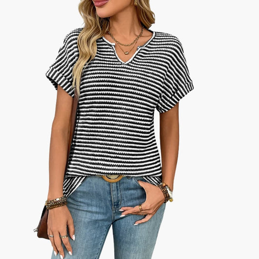 Women's Striped Short Sleeve T-Shirt Stretch V-Neck - Fashinoza