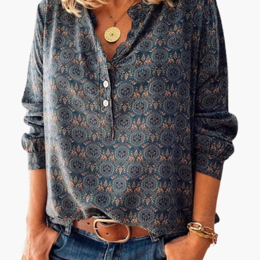 Women's Long Sleeve Button-Down Blouse Cotton Vintage Print - Fashinoza