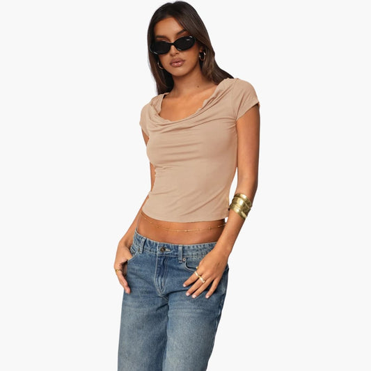 Women's Fitted Short Sleeve T-Shirt Waterfall Neck - Fashinoza