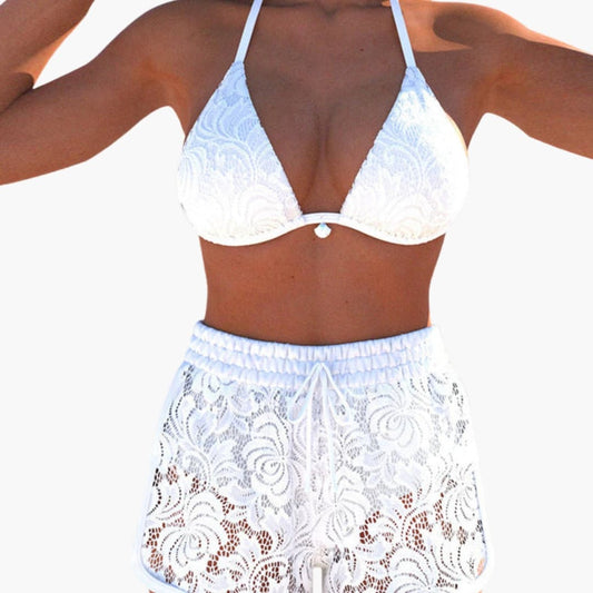 Women's Strapless Bikini Set Lace-Up Shorts White - Fashinoza