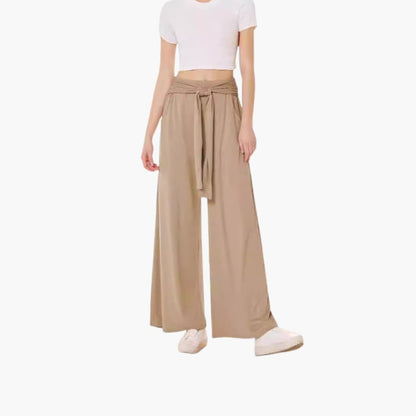 Women's Wide Leg Pants Cotton Tie Belt Side Pockets - Fashinoza