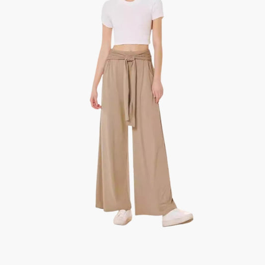 Women's Wide Leg Pants Cotton Tie Belt Side Pockets - Fashinoza