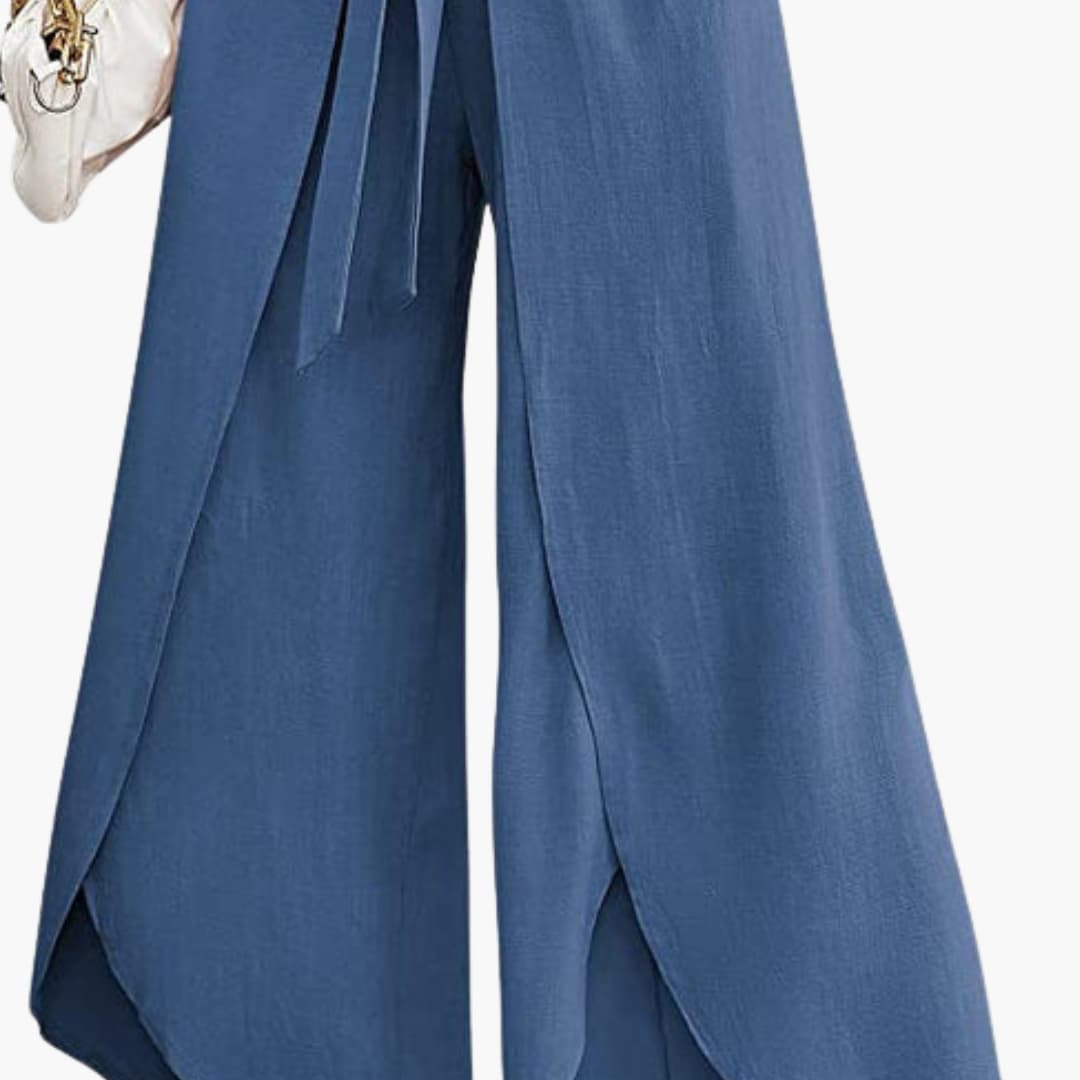Women's Wide Leg Pants Cotton Tie Belt Beige - Fashinoza