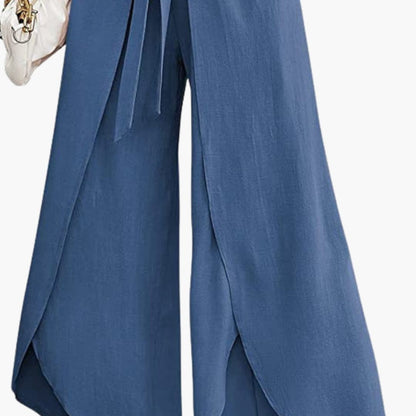 Women's Wide Leg Pants Cotton Tie Belt Beige - Fashinoza