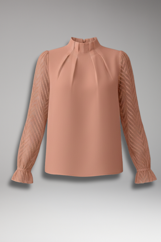 Women's Pleated Collar Blouse Sheer Sleeves - 
Fashinoza