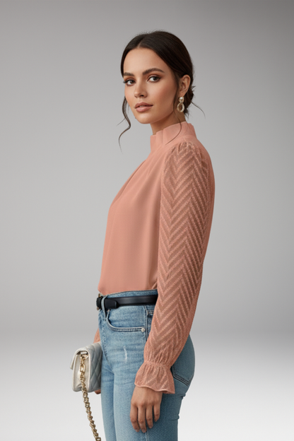 Women's Pleated Collar Blouse Sheer Sleeves