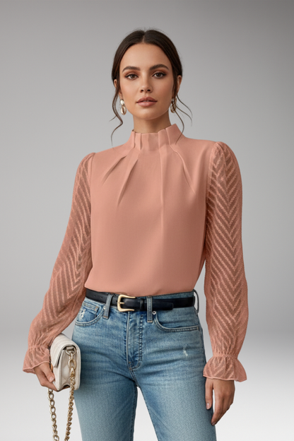 Women's Pleated Collar Blouse Sheer Sleeves