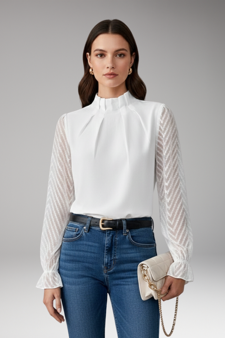 Women's Pleated Collar Blouse Sheer Sleeves