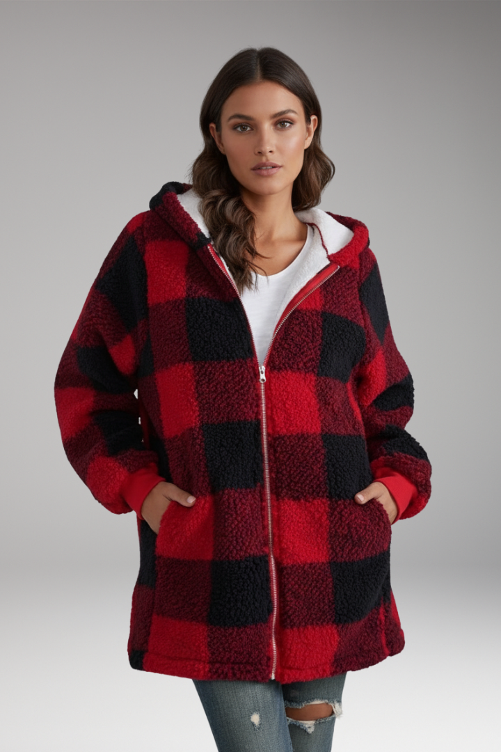 Women's Hooded Coat Check Pattern Zip Front