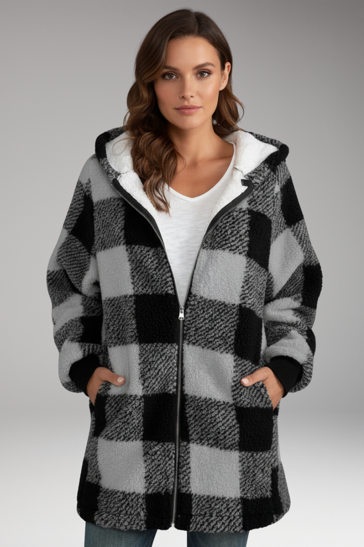 Women's Hooded Coat Check Pattern Zip Front