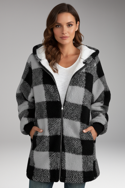 Women's Hooded Coat Check Pattern Zip Front