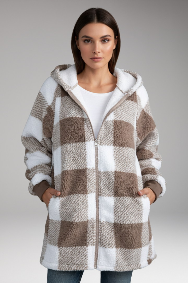 Women's Hooded Coat Check Pattern Zip Front