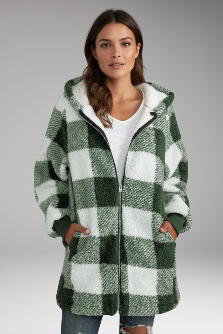 Women's Hooded Coat Check Pattern Zip Front