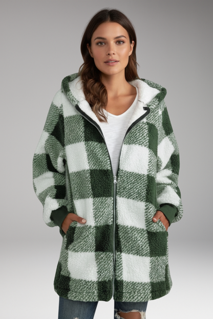 Women's Hooded Coat Check Pattern Zip Front