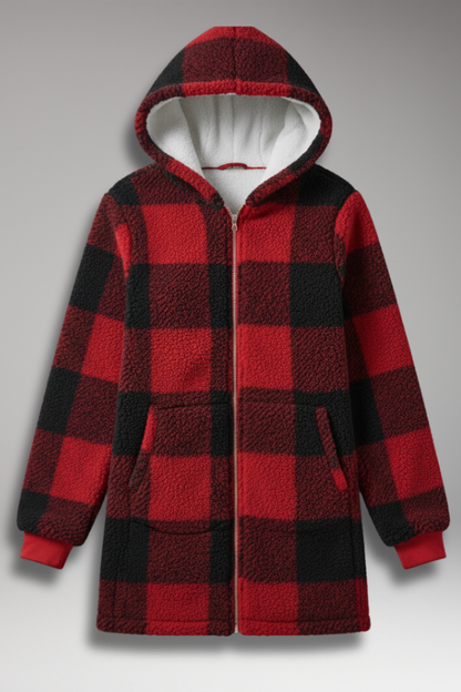 Women's Hooded Coat Check Pattern Zip Front - 
Fashinoza