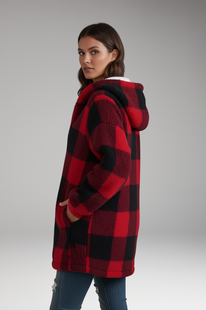 Women's Hooded Coat Check Pattern Zip Front