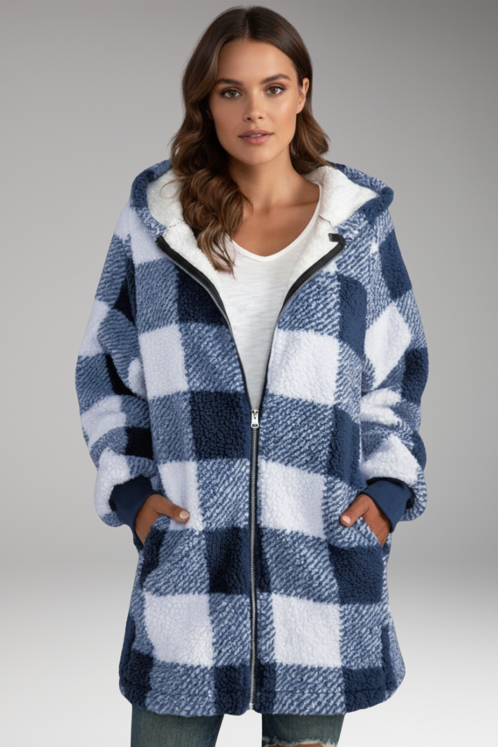 Women's Hooded Coat Check Pattern Zip Front