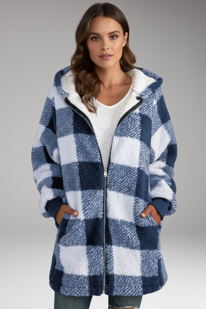 Women's Hooded Coat Check Pattern Zip Front