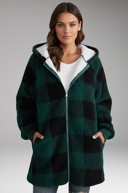 Women's Hooded Coat Check Pattern Zip Front