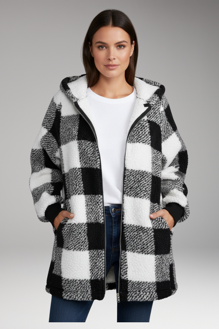 Women's Hooded Coat Check Pattern Zip Front