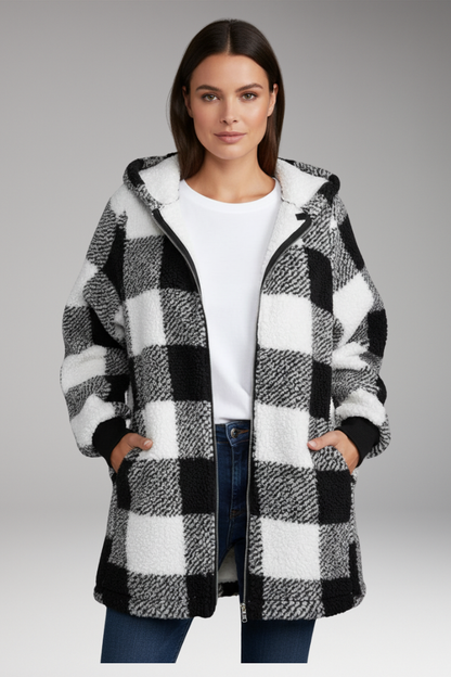 Women's Hooded Coat Check Pattern Zip Front