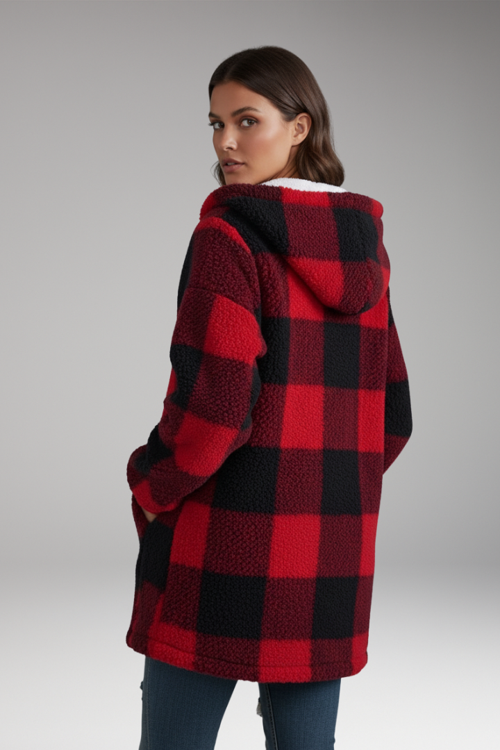 Women's Hooded Coat Check Pattern Zip Front