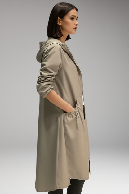 Women's Hooded Long Coat Front Zipper