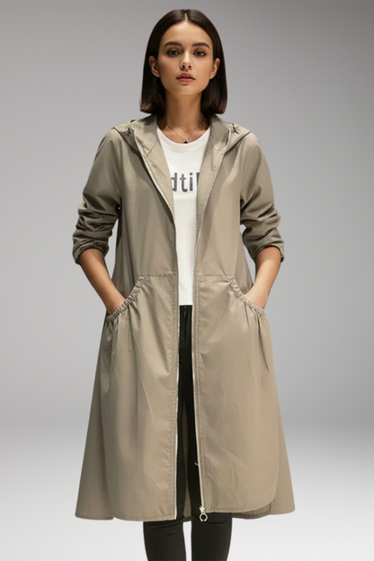 Women's Hooded Long Coat Front Zipper