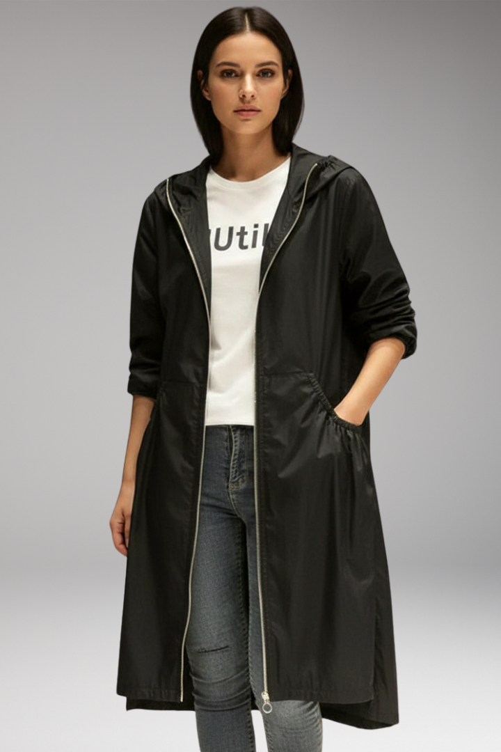 Women's Hooded Long Coat Front Zipper