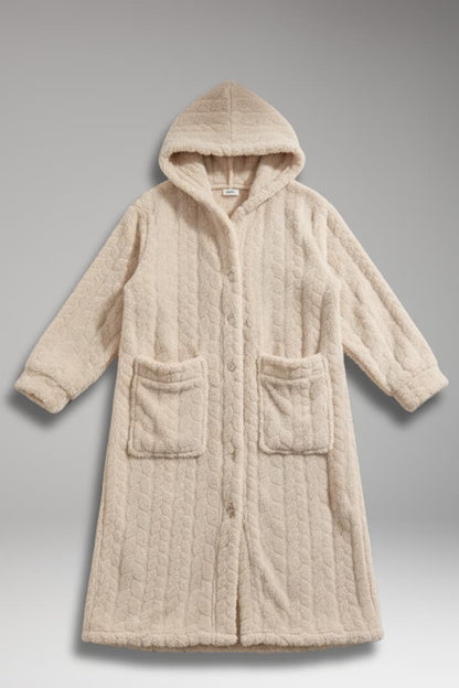 Women's Hooded Bathrobe Cotton Long Front Pockets Beige - 
Fashinoza