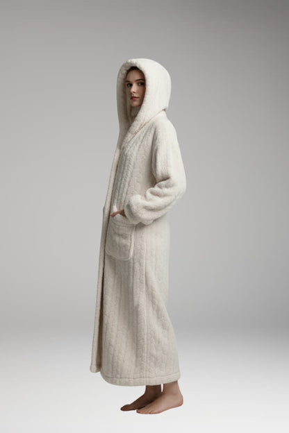 Women's Hooded Bathrobe Cotton Long Front Pockets Beige