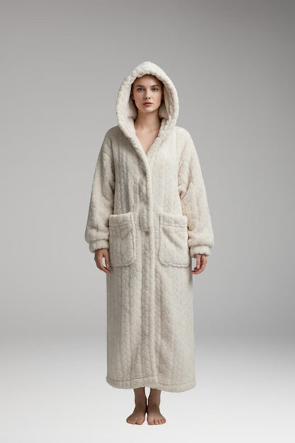 Women's Hooded Bathrobe Cotton Long Front Pockets Beige