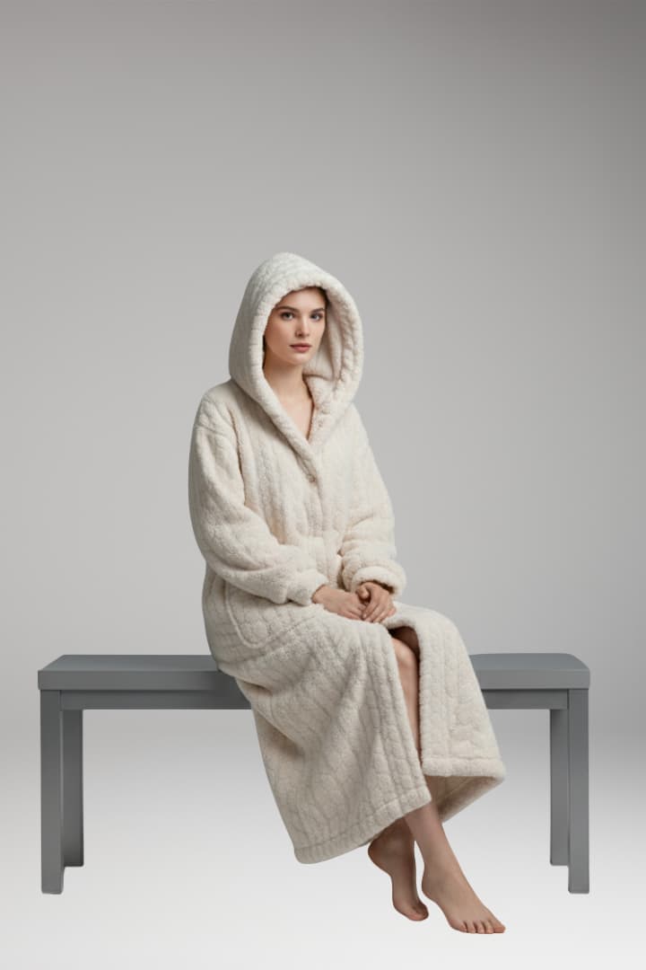 Women's Hooded Bathrobe Cotton Long Front Pockets Beige