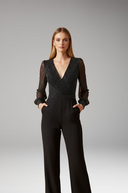 Women's Glitter Long Sleeve Jumpsuit Sheer