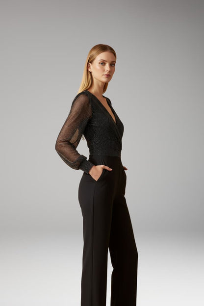 Women's Glitter Long Sleeve Jumpsuit Sheer