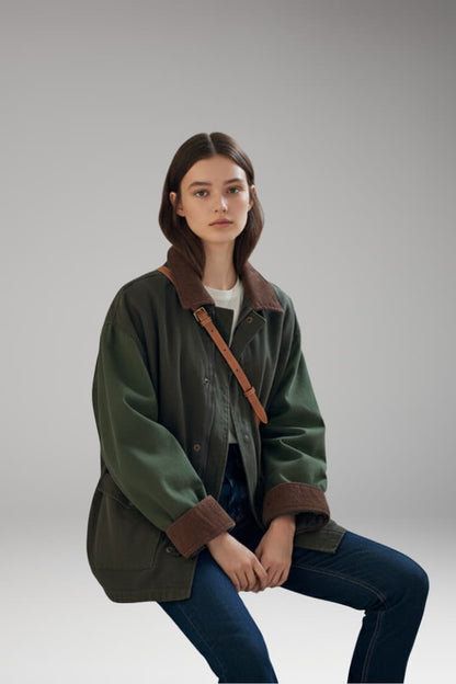 Women's Oversized Button Jacket Contrast Collar