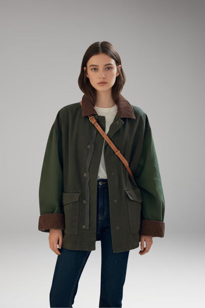Women's Oversized Button Jacket Contrast Collar