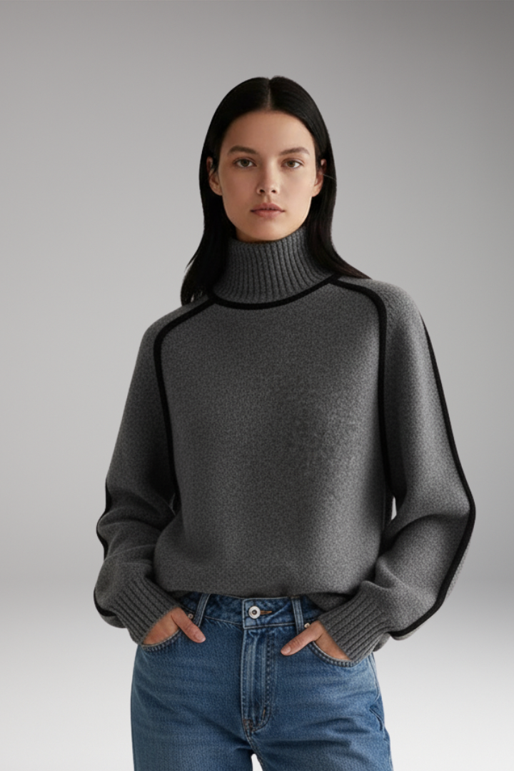 Women's Turtleneck Sweater High Collar Piping Detail