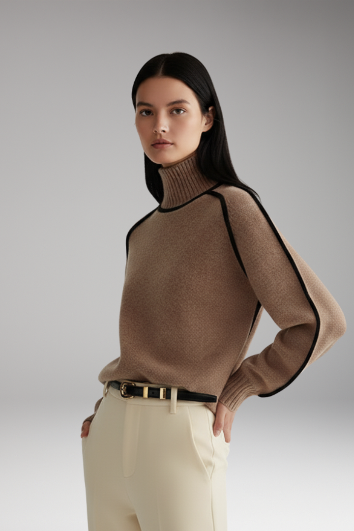 Women's Turtleneck Sweater High Collar Piping Detail