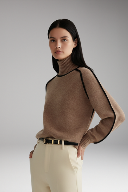 Women's Turtleneck Sweater High Collar Piping Detail