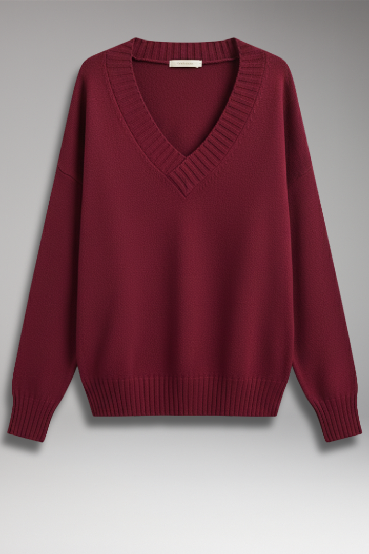 Women's V-Neck Knit Sweater Ribbed Trim - 
Fashinoza