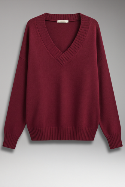 Women's V-Neck Knit Sweater Ribbed Trim - 
Fashinoza