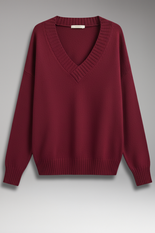 Women's V-Neck Knit Sweater Ribbed Trim - 
Fashinoza