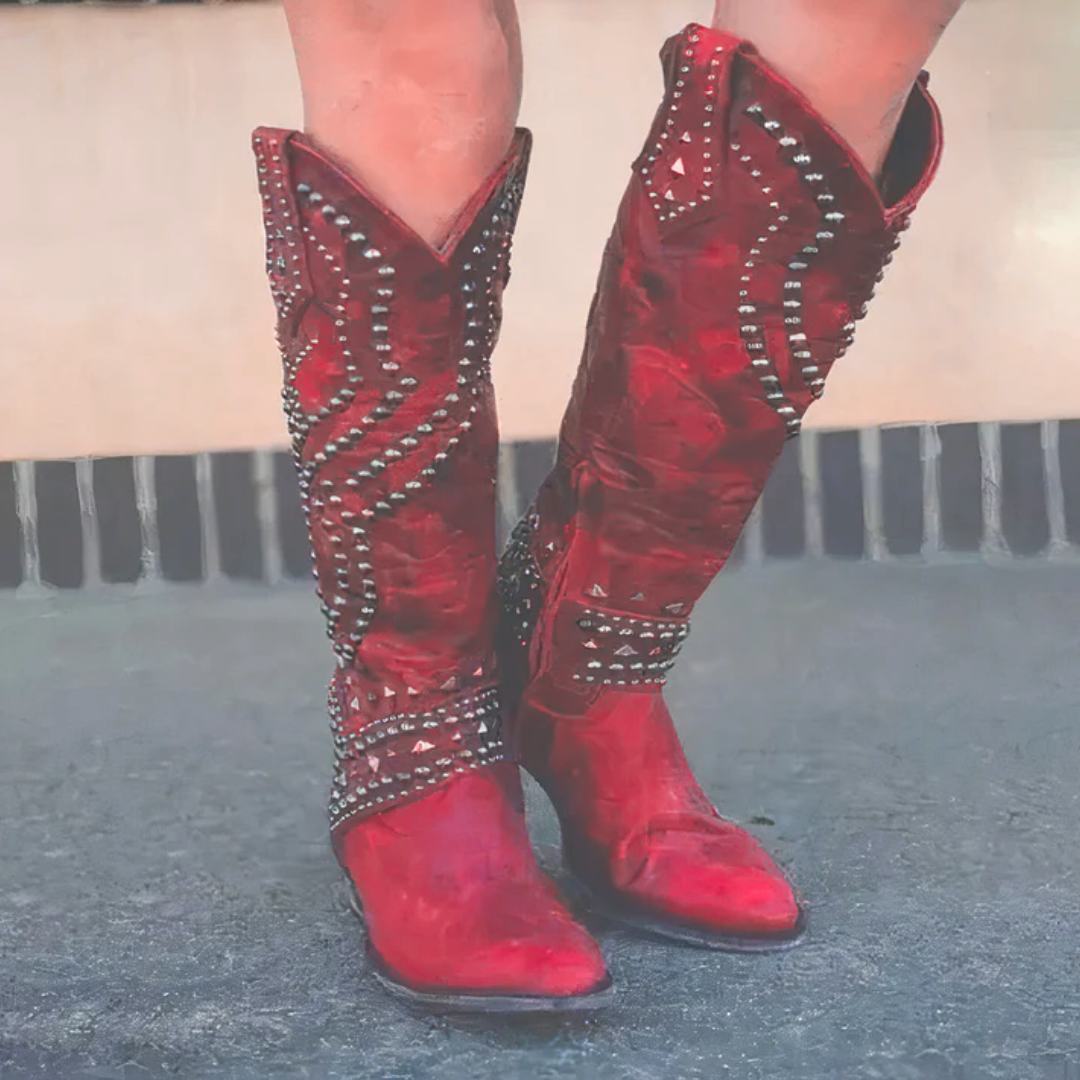Jenna | Womens Knee High Studded Block Heel Boots
