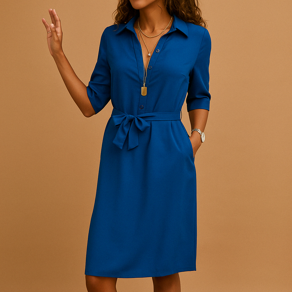 Women's Shirt Dress Belted Button Front 3/4 Sleeve