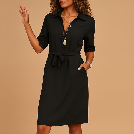 Women's Shirt Dress Belted Button Front 3/4 Sleeve - 
Fashinoza