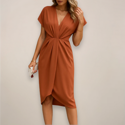 Women's V-Neck Wrap Dress Cap Sleeves Midi Length
